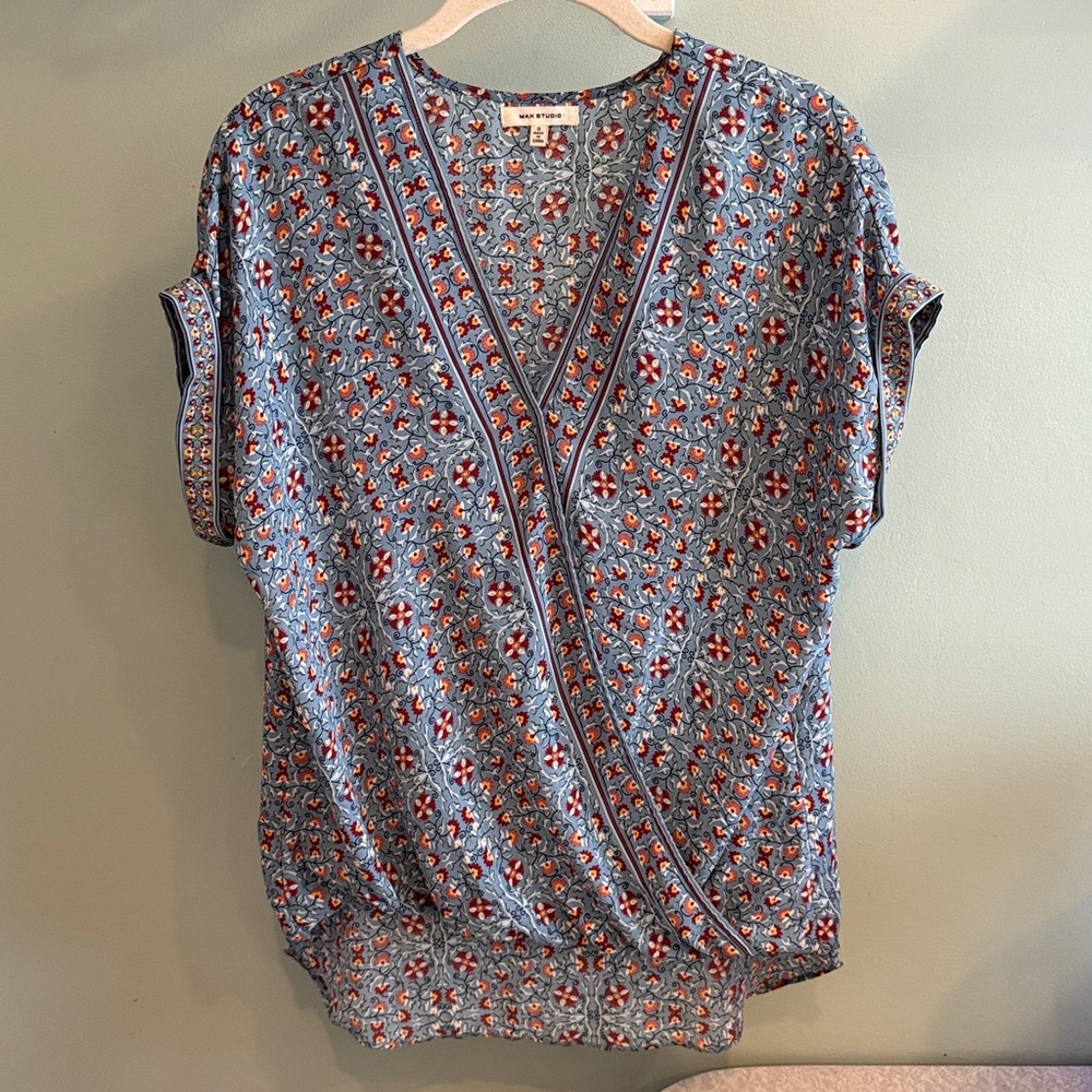 Max Studio Blue Faux Wrap Blouse Top V Neck - Small